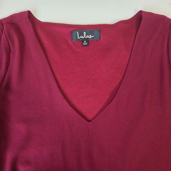 Lulus Burgundy V-Neck Shift Dress Small Sheer Sleeves Lined - Picture 7 of 13
